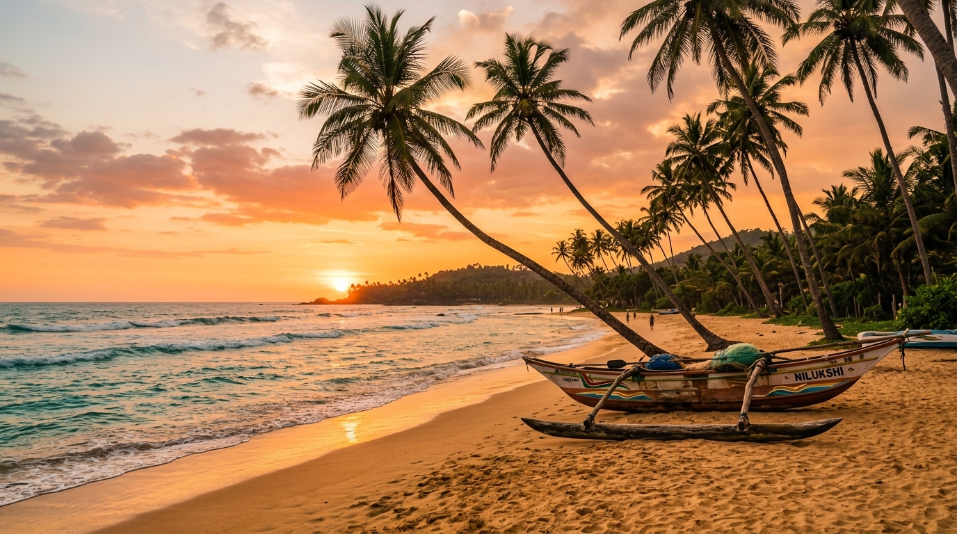 Tropical golden sand beach with coconut palms in Bentota Sri Lanka