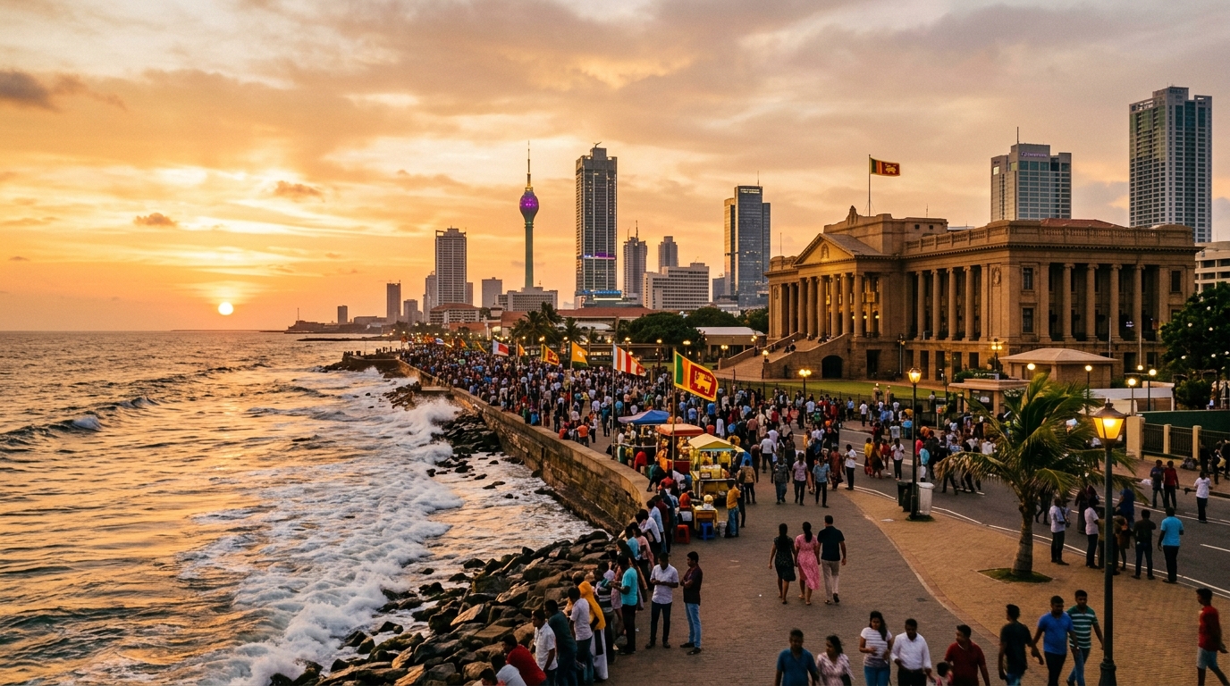 Colombo coastal skyline and Galle Face Green promenade sunset