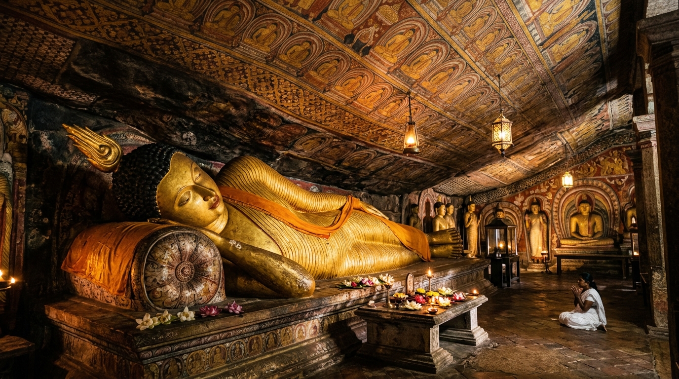 Dambulla Cave Temple golden reclining Buddha and fresco murals