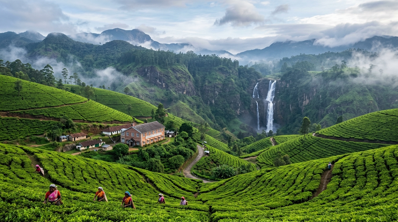 Nuwara Eliya misty tea plantations and Ramboda Falls central highlands