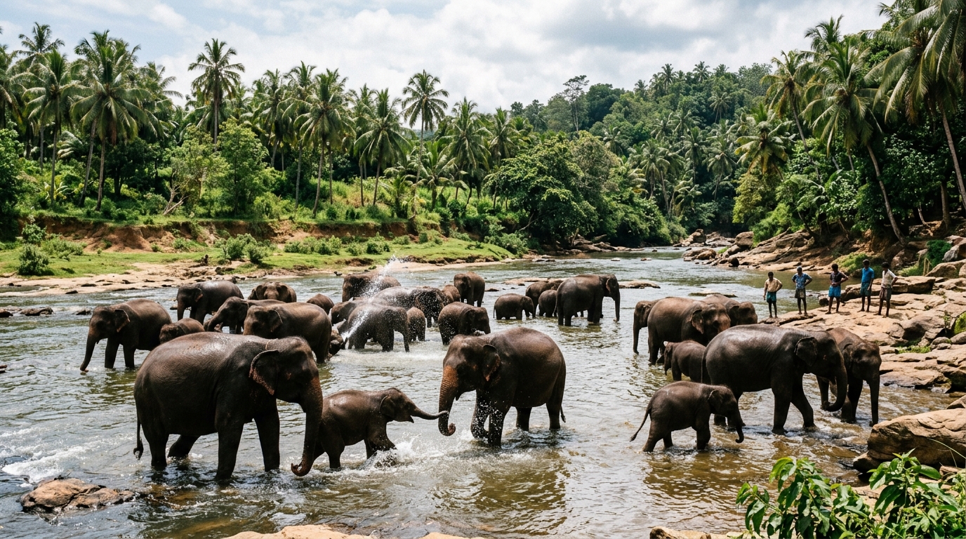 Pinnawala elephant orphanage herd bathing in Maha Oya river