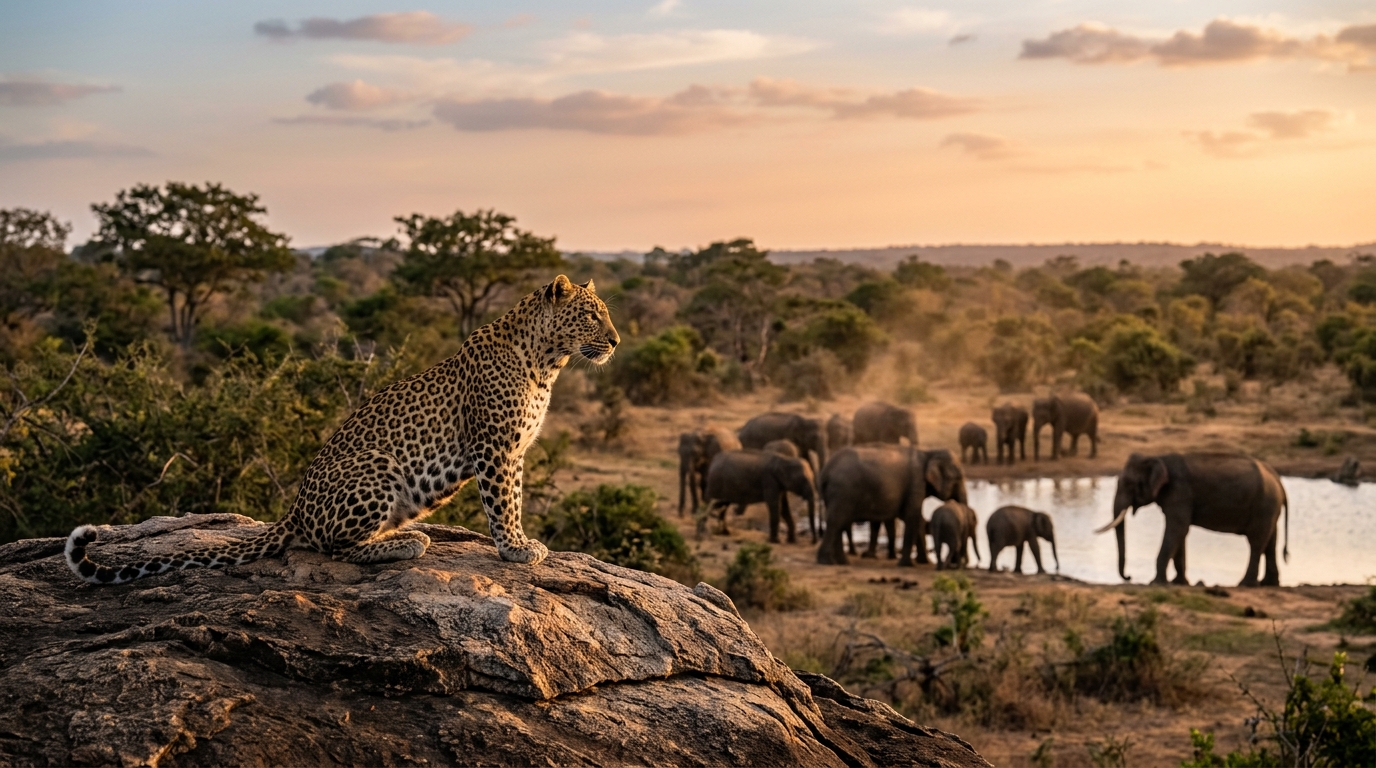 Sri Lankan leopard and elephant herd wildlife safari in Yala National Park